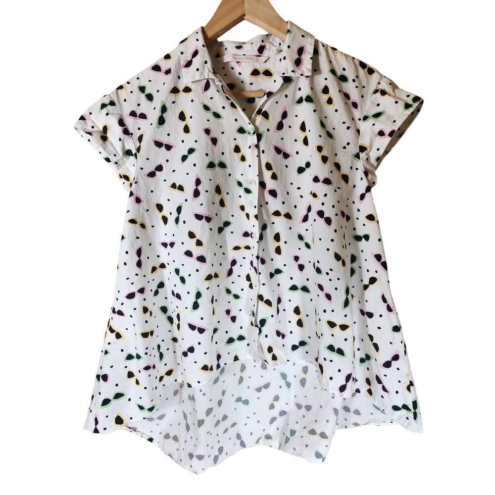 ZARA White with Sunglasses Hi-Lo Hem Short Sleeves 100% Cotton Button Top SZ S